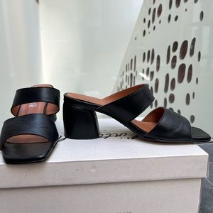 Black leather heeled mules